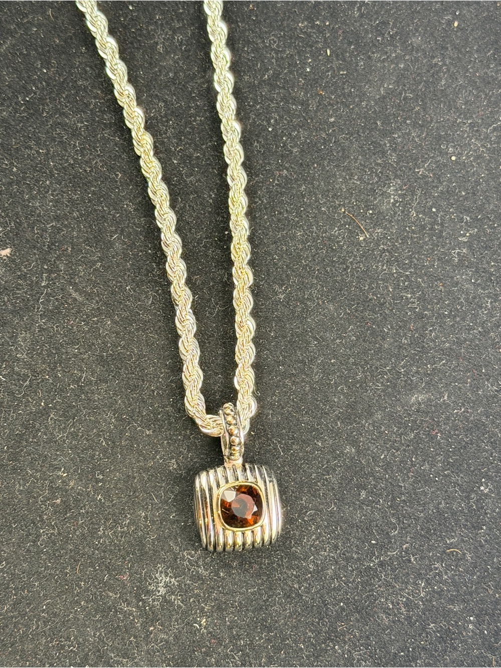 David Yurman Style Silver Rope Chain Necklace with Smokey Topaz Gemstone Pendant